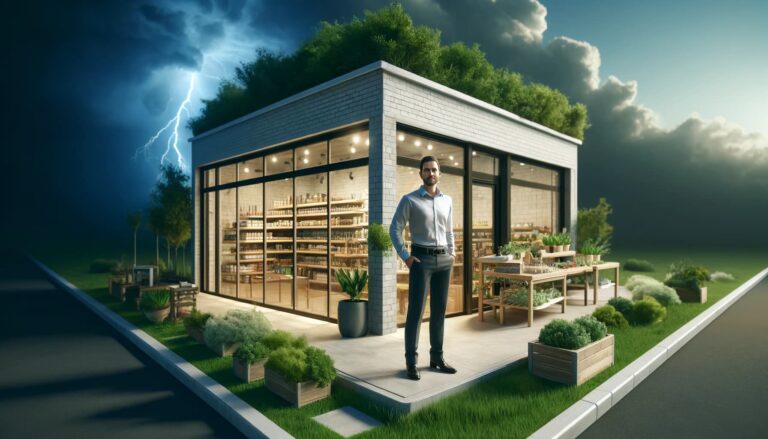 Store owner in front of his commercial property in a storm